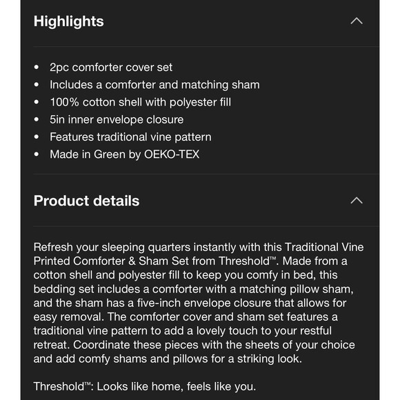 Threshold Cotton Comforter Set Traditional Vine Pattern, Green, Full/Queen NEW - Picture 6 of 7